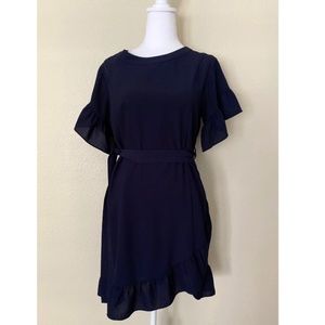 19 COOPER Midi Dress Navy Blue Ruffle Sleeve Zip up  Size Small
